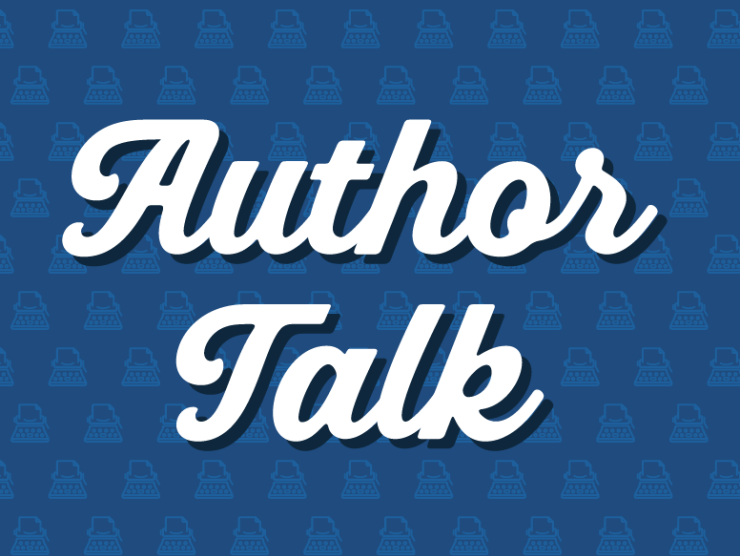 Dark blue field with repeating light blue typewriters; white words centered in a script font that say "author talk"