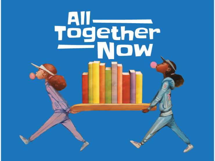 blue field; white text "all together now"