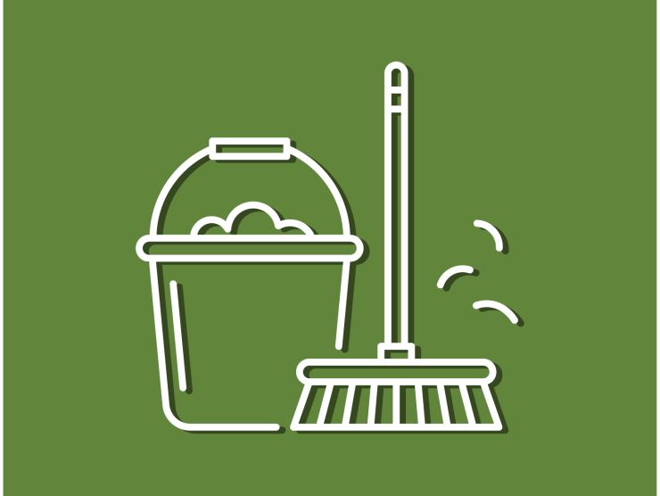 dark green field with white outlines of a bucket and broom