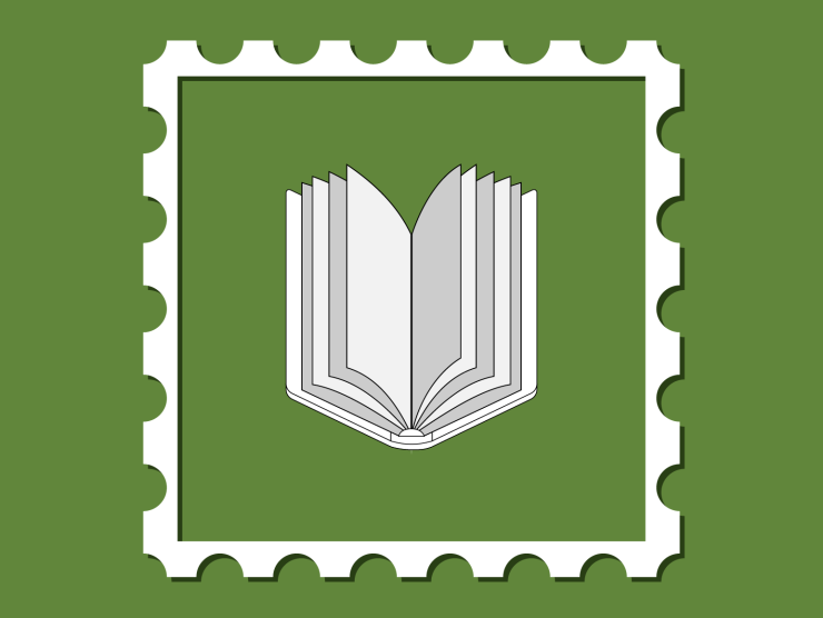 green field with a white postage stamp with an image of a book