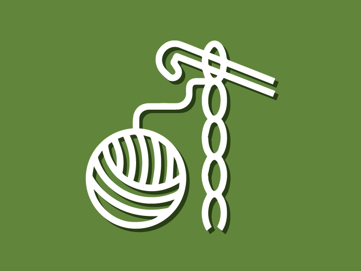 dark green background with white line drawing of a crochet hook with a single chain of crochet hanging from it with a ball of yarn