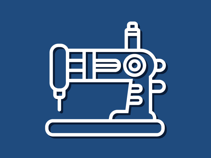 dark blue background with white line drawing of a sewing machine