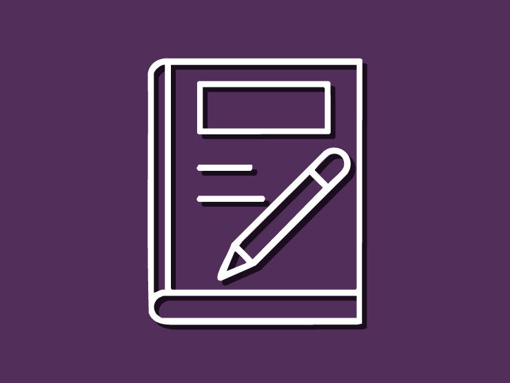 dark purple background with a white line drawing of a notebook and pen