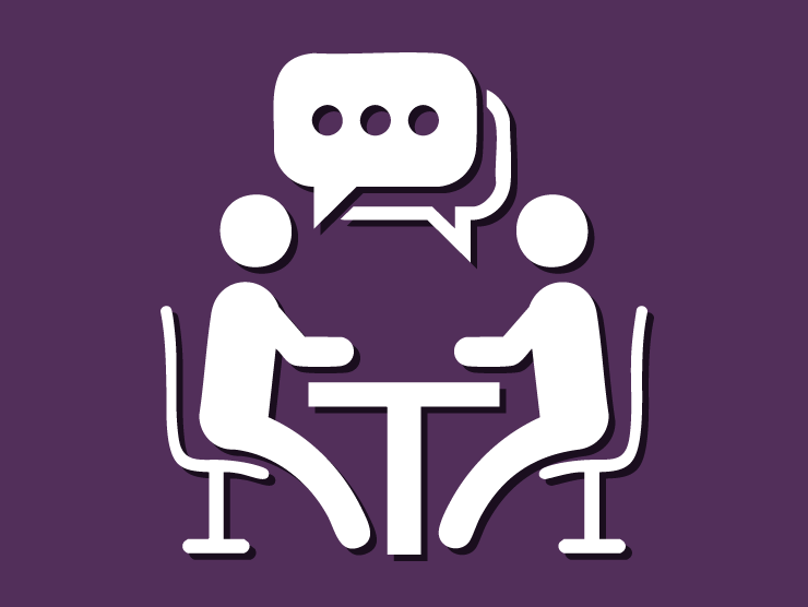 Dark purple field with white stick figures having a conversation while seated at a table
