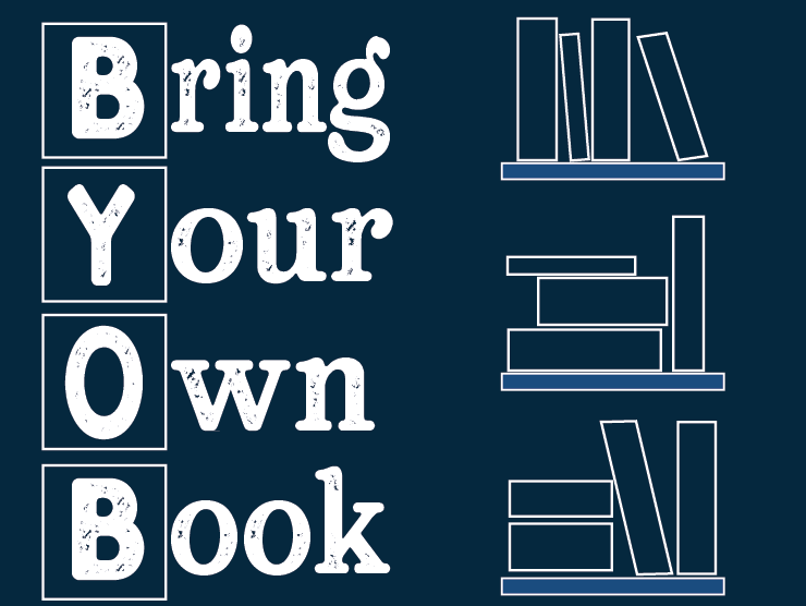 dark blue background with white line drawing book shelves and large white text saying "bring your own book"