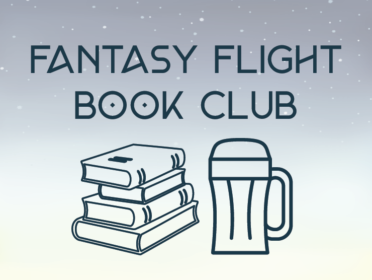 light blue background with dark blue line drawings of a stack of books and a glass of beer; dark blue text in a futuristic font reading "fantasy flight book club"