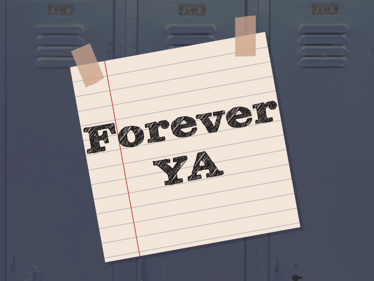 dark blue lockers with a piece of notebook paper taped to them with black handwritten text reading "forever ya"
