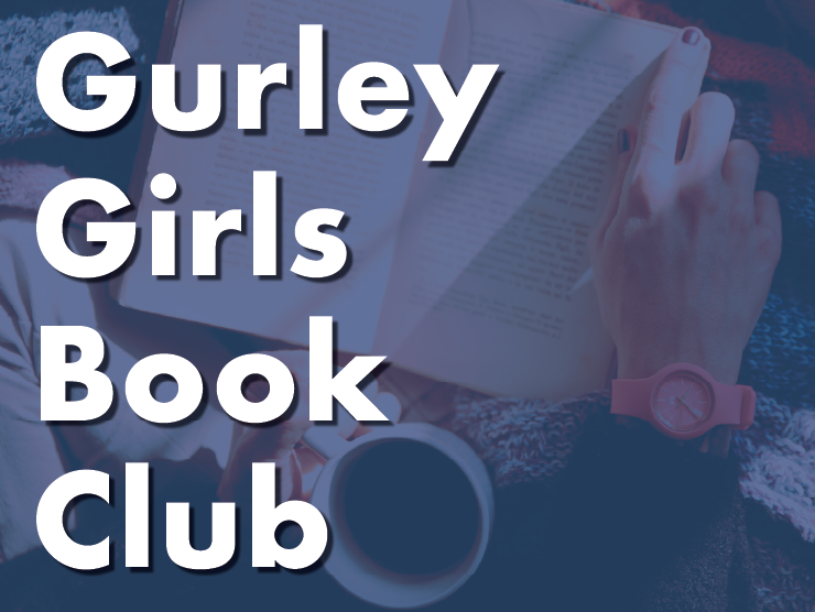 dark blue photo of a woman's lap with an open book and a mug of coffee; white block text over the image that reads "gurley girls book club"