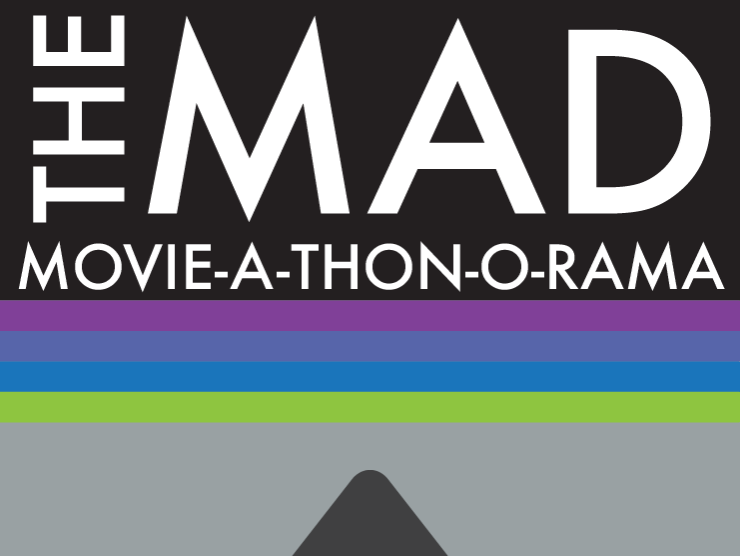 vintage vhs tape in gray, black, green, purple, and blue with bold white text reading "the MAD movie-a-thon-o-rama"
