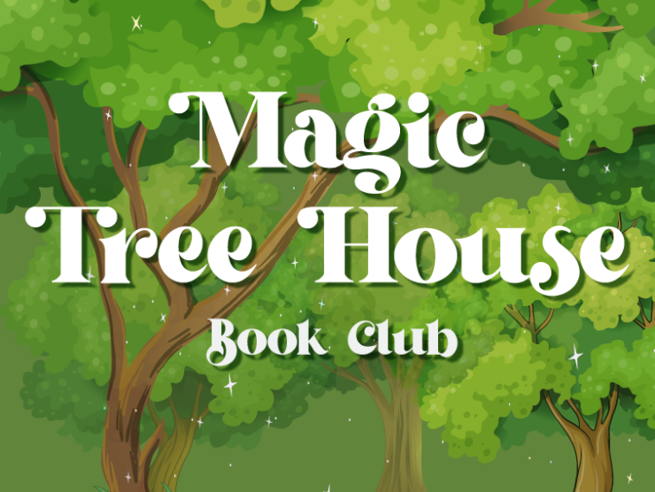 image of illustrated trees with fun white serif text on top reading "magic tree house book club"