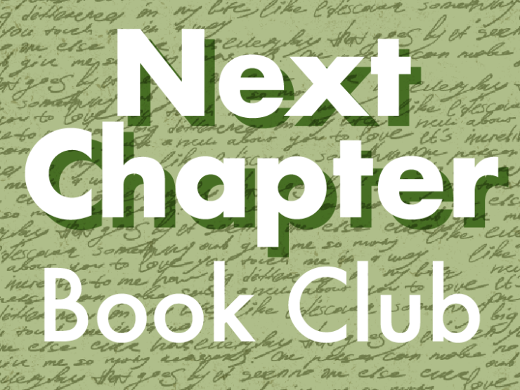 light green background with illegible cursive writing; bold white letters on top of the image reading "next chapter book club"