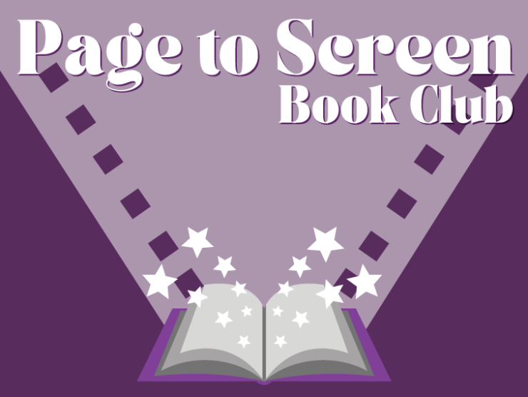 dark purple background with an illustration of an open book projecting film and stars from it; white serif text at the top of the image reading "page to screen book club"