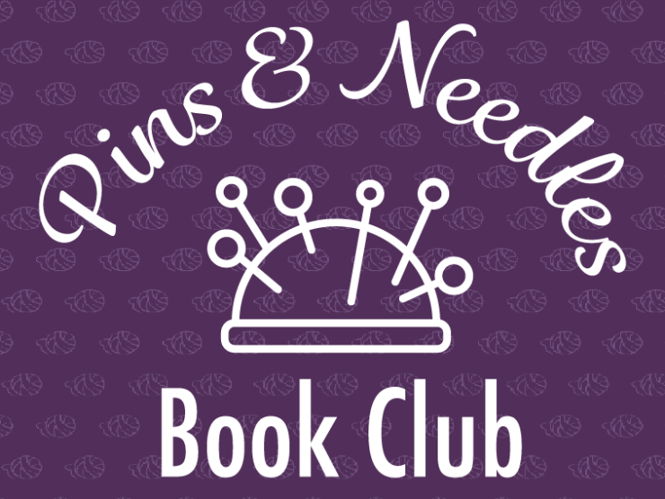 dark purple background with a white line drawing of a pin cushion with pins in it; white script text above the pin cushion reads "pins and needles"; plain white text below the pin cushion reads "book club"