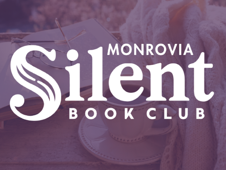 image of an open book and tea cup with a light purple overlay; bold white text reading "monrovia silent book club" overlaid on top of the image