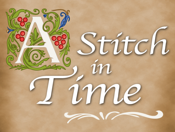 old brown paper background with an illuminated "A" in the top left corner; calligraphy print in white reading "stitch in time"