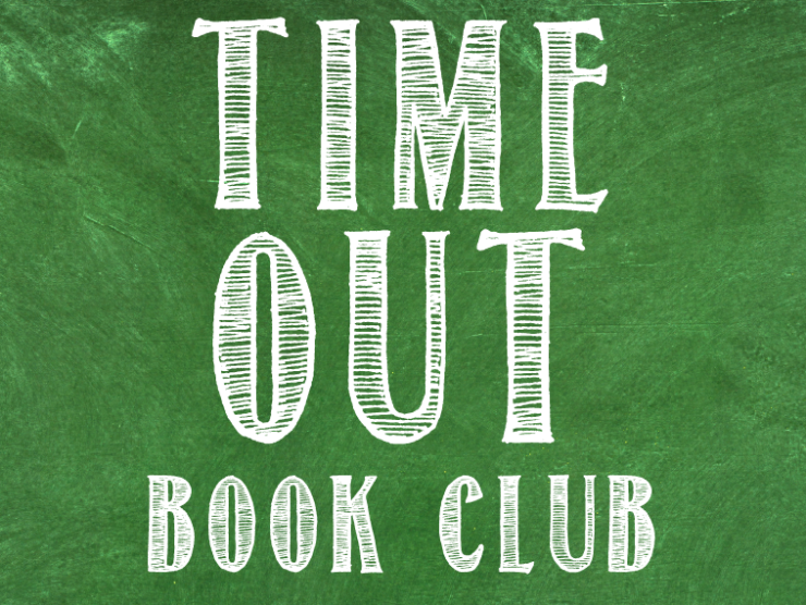 green chalkboard background with white text written in chalk reading "time out book club"