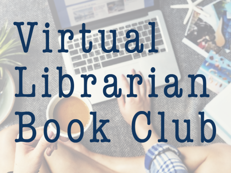 birdseye view image of a woman working on a laptop with a mug of coffee and papers scattered around; dark blue typewritter style text reading "virtual librarian book club" over top the image