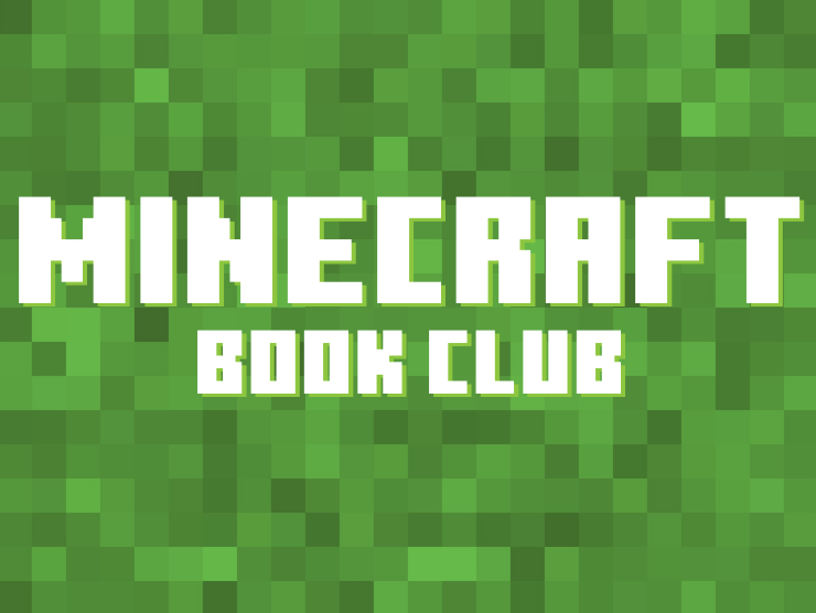 green pixelate background with white pixelated letters saying "minecraft bookclub"