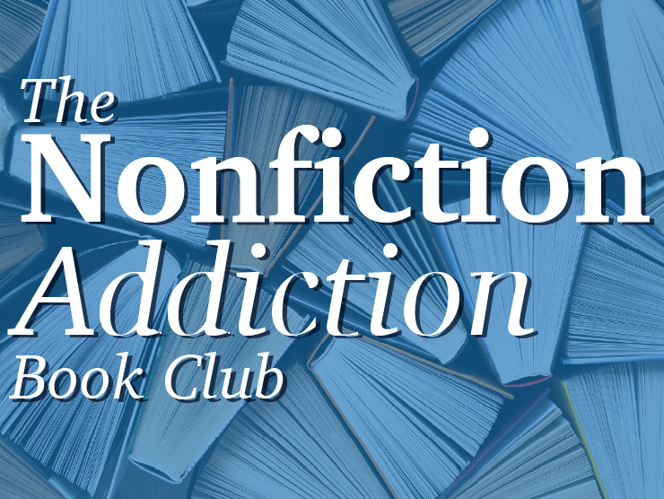 image of book tops with a light blue overlay; white serif text reads "The Nonfiction Addiction Book Club"