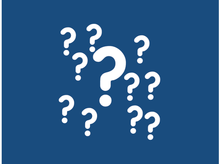 dark blue field with 11 white question marks of various sizes