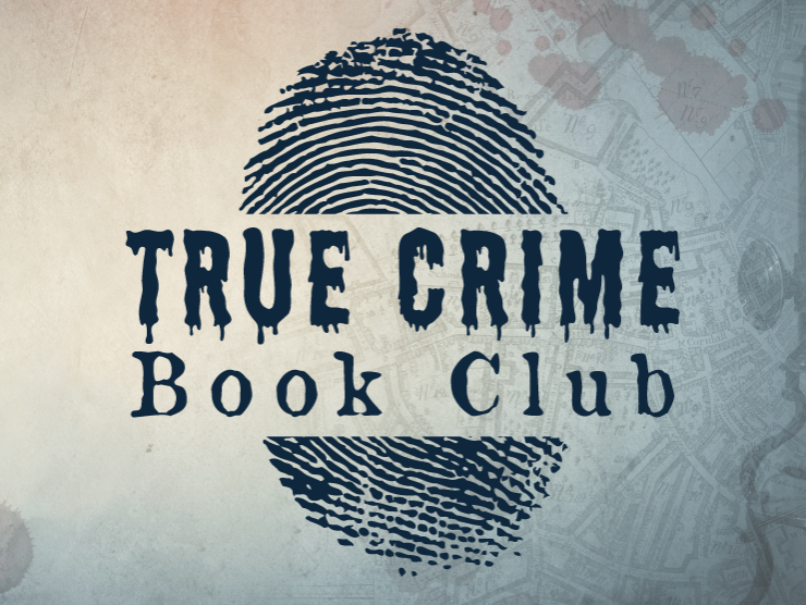 old map with dark blue words reading "true crime book club"